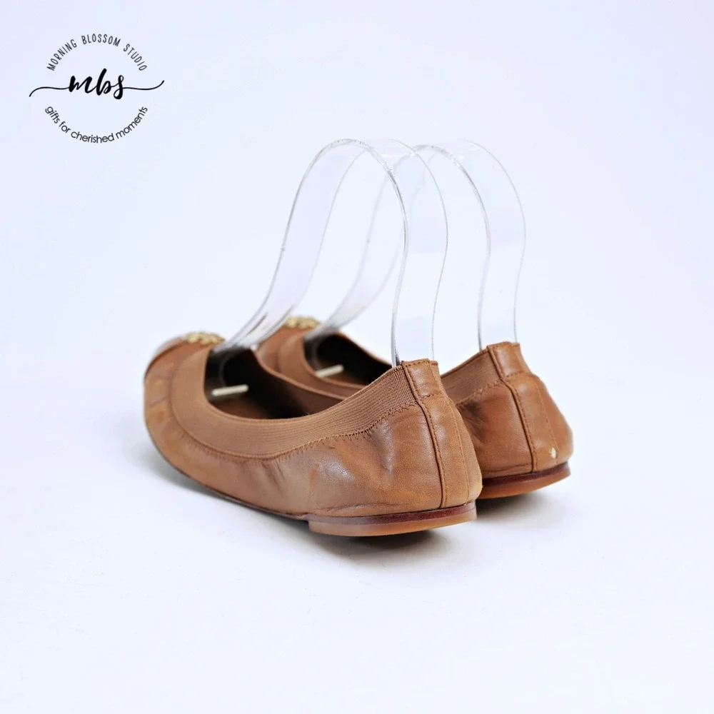 Tory Burch Jolie Cap Toe‎ Classic Preppy Leather Ballet Flats Brown Gold Women 6